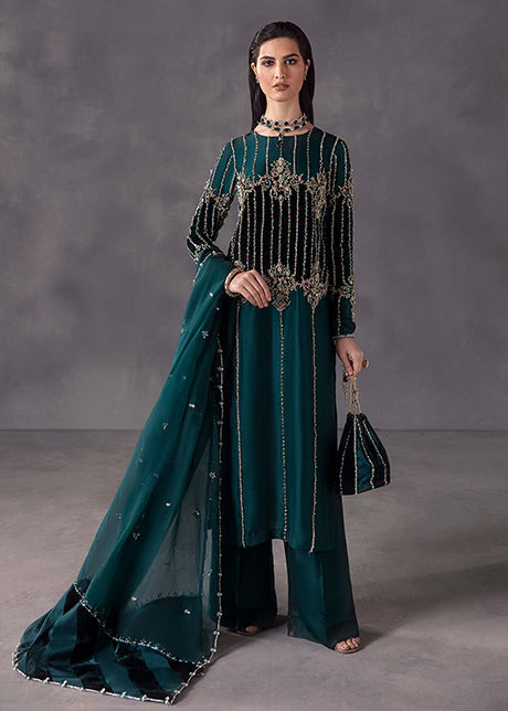 Green Sequins With Floral Embroidered Georgette Pakistani Suit